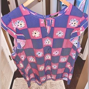 Pink & Purple Plaid Daisy Flutter Sleeve Blouse EUC Sz 2XL by SHEIN